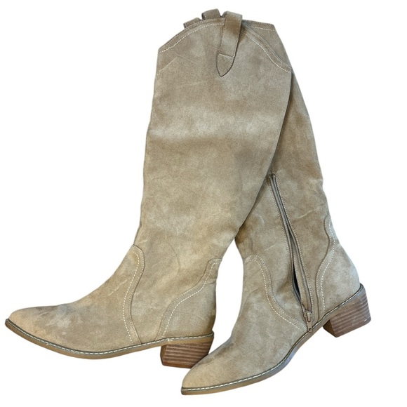 Oasis Society Shoes - Oasis Society Tan Faux Suede Knee High Heeled Boots